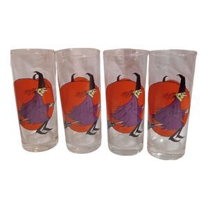 4 Vtg Halloween Highball Glasses~ Moon ~ Drinking Glasses~ Witch Riding Broom